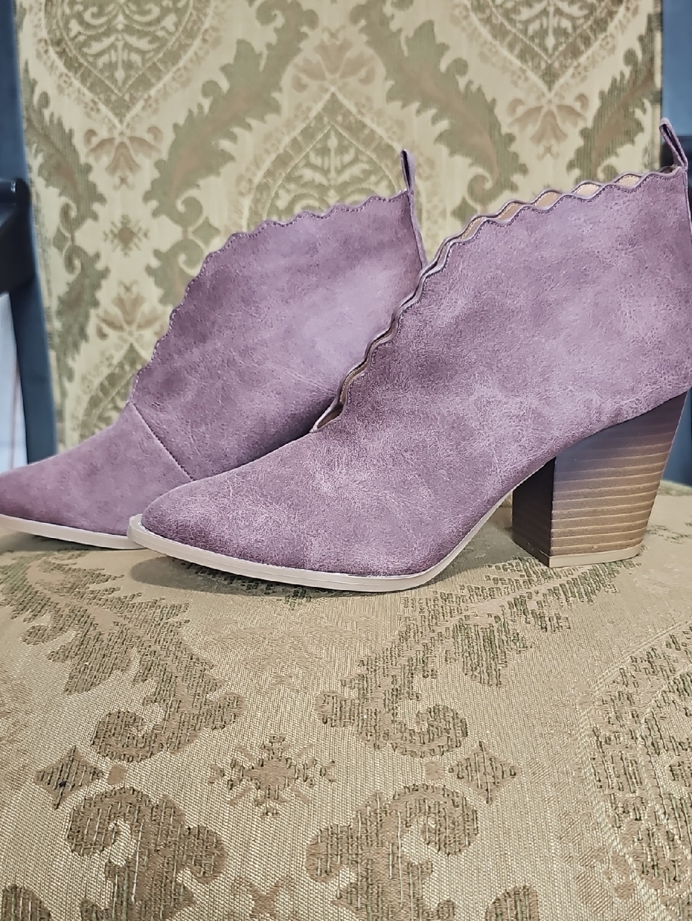 4/$20 Lavender Scalloped Suede Block Heel Booties - Women